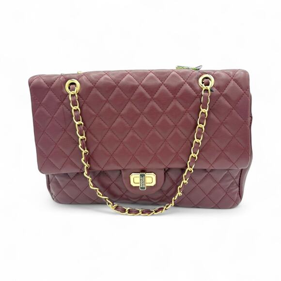 Badgley Mischka Quilted Travel Shoulder Bag Burgundy Gold Tone New With Tags - Picture 11 of 11